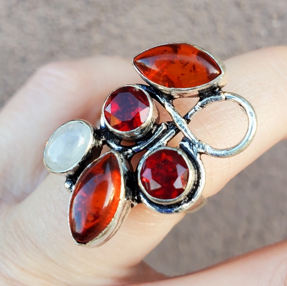 New Amber, Garnet & Rainbow Moonstone 925 Silver Ring. - Picture 2 of 16